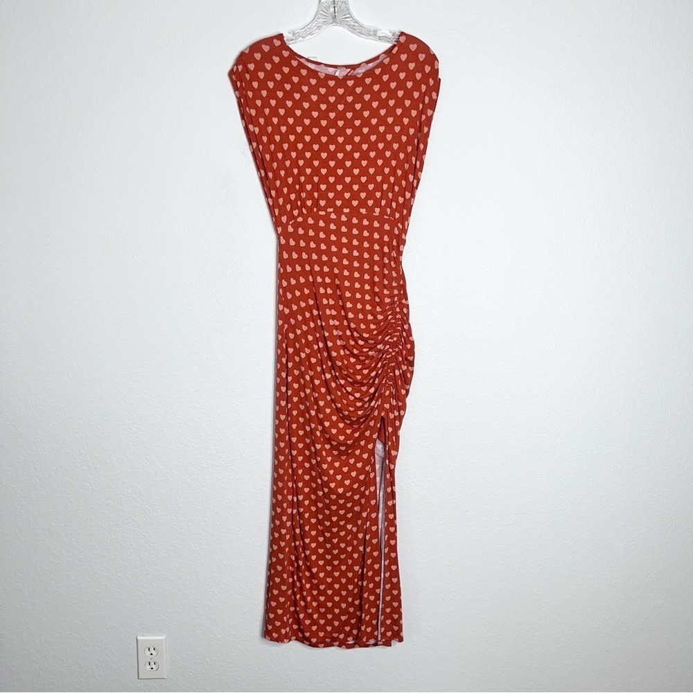 Free People Lakeside Dress Women’s XS Heart Printed Slit Midi Orange W - Picture 3 of 8